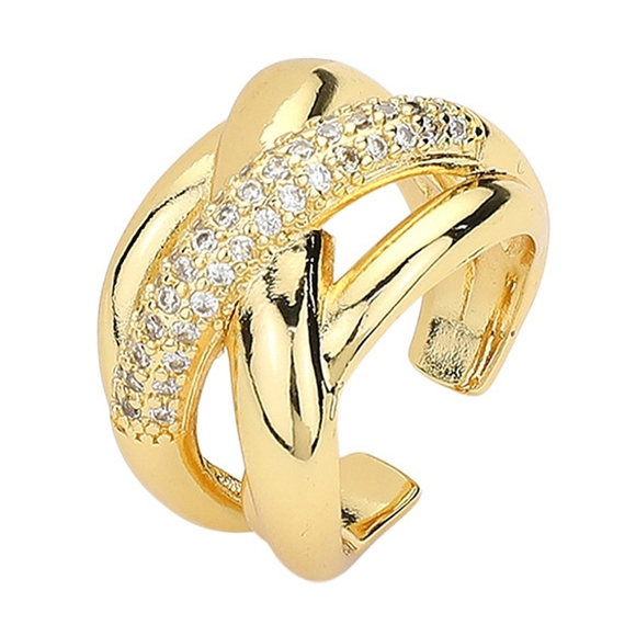 Gold CrissCross CZ Size 9 Twisted Metal Paved Crystal Ring Statement Jewelry - Picture 3 of 3